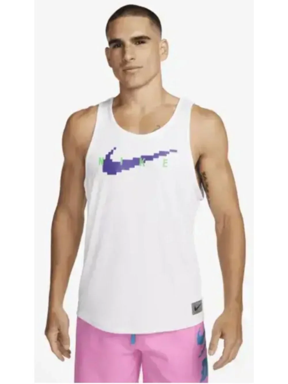 Nike SWIM RI-FIT Digi Logo Tank Top Shirt White NESSD668 Mens Small New with Tag
